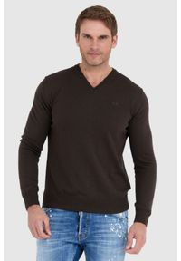 La Martina - LA MARTINA Brązowy sweter męski z wełną w serek, Rozmiar XXL. Typ kołnierza: dekolt w serek. Kolor: brązowy. Materiał: wełna #1