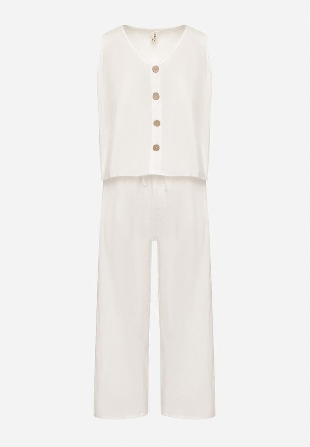 Born2be - Biały Komplet Bawełniany Koszulka bez Rękawów z Guzikami Spodnie z Gumką w Pasie Juliancella. Kolor: biały. Materiał: bawełna