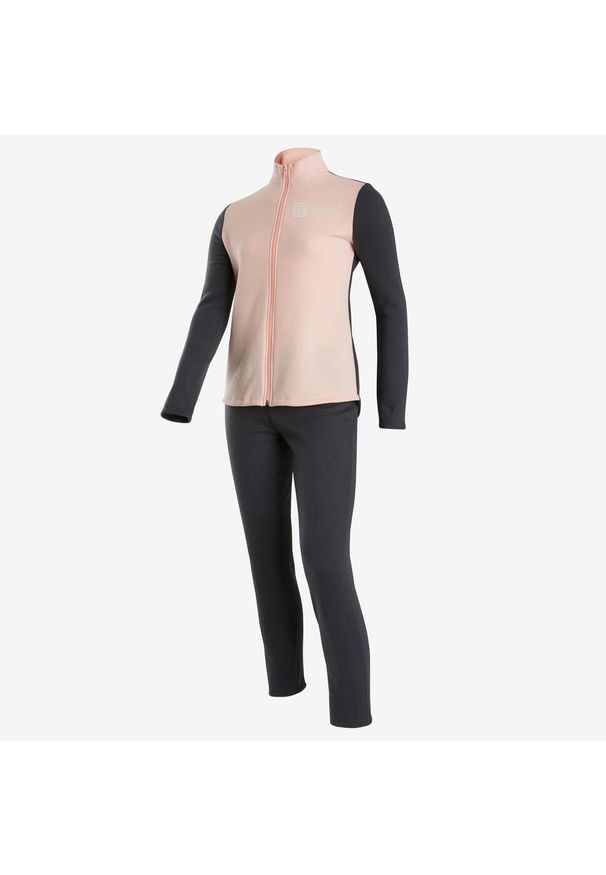 DOMYOS - Dres ciepły do gimnastyki Warmy Zip 100 dla dzieci. Kolekcja: plus size. Kolor: różowy. Materiał: bawełna, materiał, poliester