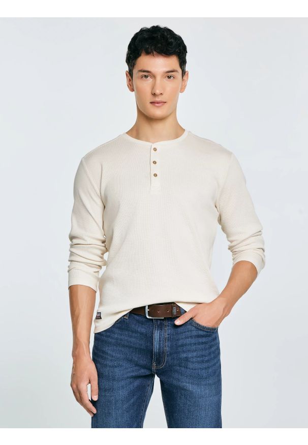 Big-Star - Bluzka męska z długim rękawem kremowa Merrts 103. Okazja: na co dzień, do pracy. Kolor: kremowy. Materiał: skóra, dzianina, jeans. Długość rękawa: długi rękaw. Długość: długie. Styl: casual