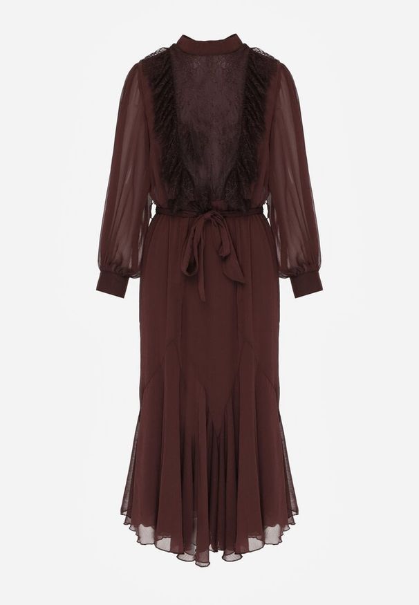 Born2be - Brązowa Elegancka Sukienka z Bufiastymi Rękawami i Koronkowymi Falbankami Sewlina. Okazja: na co dzień, do pracy. Typ kołnierza: kołnierz z falbankami. Kolor: brązowy. Materiał: koronka. Styl: elegancki