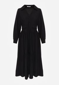 Renee - Czarna Rozkloszowana Sukienka Koszulowa z Bawełny i Wiskozy Zdobiona Klapami Gleta. Okazja: na co dzień. Kolor: czarny. Materiał: wiskoza, bawełna. Wzór: aplikacja. Typ sukienki: koszulowe. Styl: casual, elegancki #5