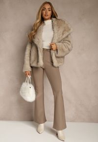 Renee - Beżowe Spodnie Dzwony High Waist w Eleganckim Stylu ze Sprzączką Tevanda. Stan: podwyższony. Kolor: beżowy. Materiał: koronka. Długość: krótkie. Styl: elegancki #4