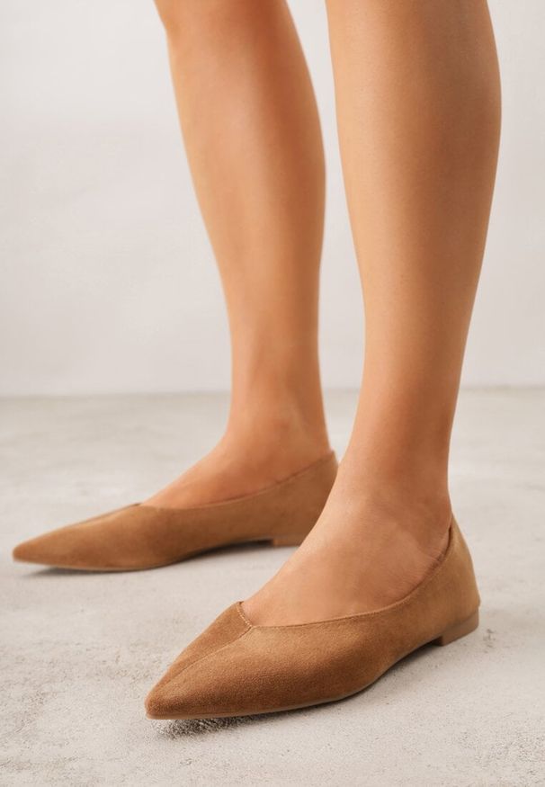 Renee - Jasnobrązowe Balerinki z Imitacji Zamszu ze Szpiczastym Noskiem Melikel. Nosek buta: szpiczasty. Kolor: brązowy. Materiał: zamsz