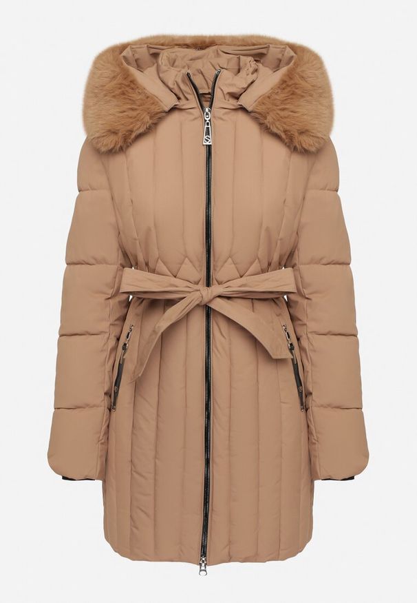 Born2be - Ciemnobeżowa Kurtka z Pionowymi Pikowanymi Przeszyciami i Kapturem z Futrem Wiązana w Pasie Leoriya. Okazja: na co dzień. Kolor: beżowy. Materiał: futro. Styl: casual