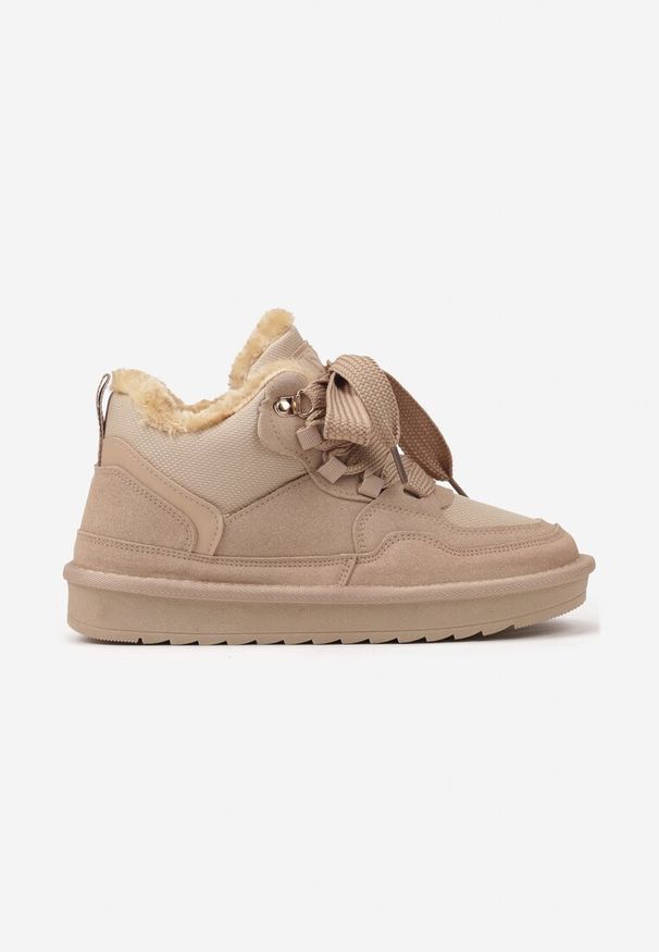 Born2be - Ciemnobeżowe Sneakersy Vices w Stylu Śniegowców Ocieplane z Szerokim Sznurowaniem Rennith. Okazja: na spacer. Kolor: beżowy. Materiał: wełna. Sezon: jesień. Obcas: na płaskiej podeszwie. Sport: turystyka piesza