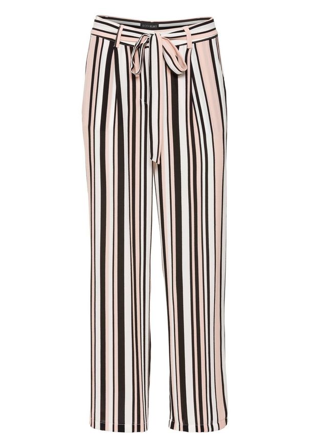 Spodnie 7/8, szerokie nogawki bonprix różowo-czarno-biel wełny w paski. Kolor: różowy. Materiał: wełna. Wzór: paski