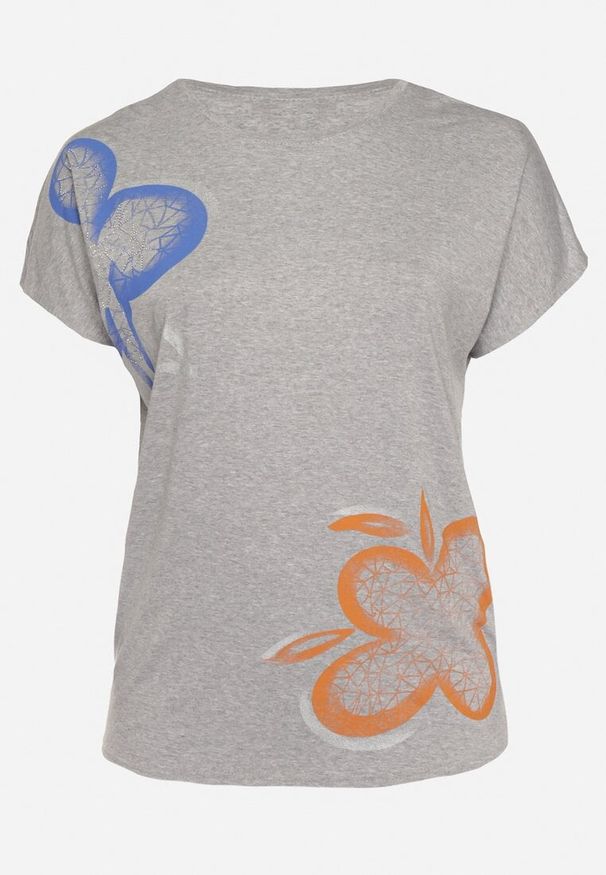Born2be - Szary Klasyczny T-shirt z Bawełny Ozdobiony Nadrukiem i Cyrkoniami Kristinae. Okazja: na co dzień. Kolor: szary. Materiał: bawełna. Wzór: aplikacja, nadruk. Styl: klasyczny