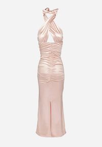 Born2be - Różowa Satynowa Sukienka Wiązana na Szyi z Wycięciem pod Biustem i Różyczką Roneza. Kolor: różowy. Materiał: satyna. Styl: elegancki #7