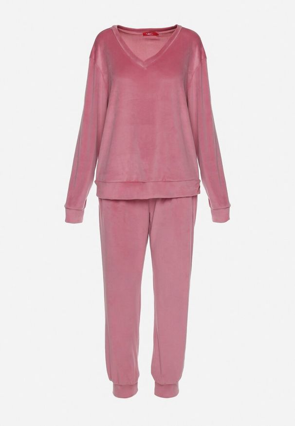 Born2be - Różowy Welurowy Komplet Dresowy Bluza z Trójkątnym Dekoltem i Spodnie z Kieszeniami Onchia. Kolor: różowy. Materiał: welur, dresówka
