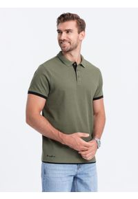 Ombre Clothing - Męska bawełniana koszulka polo z kontrastowymi wykończeniami – oliwkowa V6 - Rozmiar: XL. Typ kołnierza: polo. Kolor: oliwkowy. Materiał: bawełna. Wzór: haft #5
