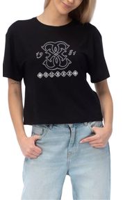 Guess - GUESS Czarny damski t-shirt na krótki rękaw z wyszywanym logo Gabi, Rozmiar L. Okazja: na co dzień. Kolor: czarny. Długość rękawa: krótki rękaw. Długość: krótkie. Styl: elegancki, casual #3
