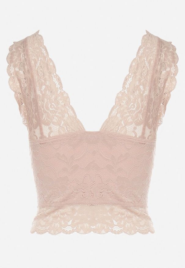 Born2be - Beżowy Koronkowy Top z Dekoltem w Serek Nitasena. Okazja: na co dzień. Typ kołnierza: dekolt w serek. Kolor: beżowy. Materiał: koronka. Wzór: koronka. Styl: casual, elegancki