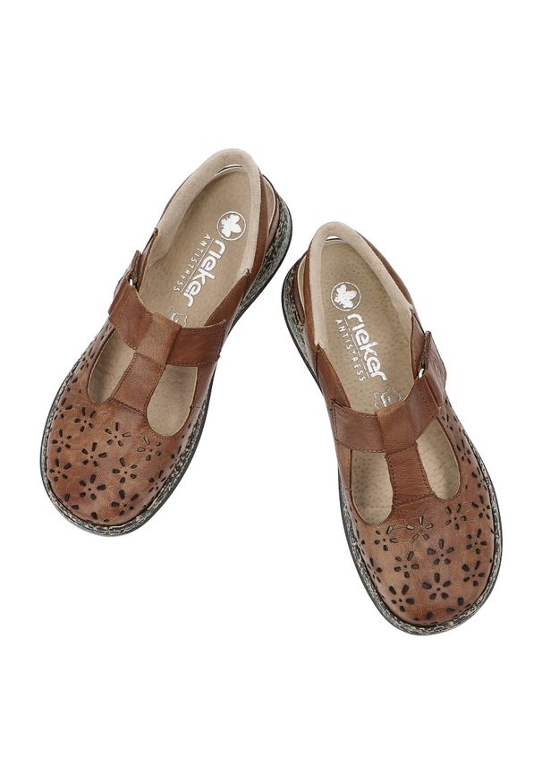 Sandały damskie Rieker, cholewka skóra naturalna ażurowa konstrukcja z wycięciem w kształcie litery t oraz regulowany pasek na rzep, brązowe, 46397-2. Okazja: na spacer, na co dzień. Zapięcie: rzepy. Kolor: brązowy. Materiał: skóra. Wzór: ażurowy. Sezon: lato. Styl: casual, elegancki, klasyczny, wakacyjny