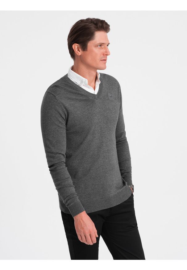 Ombre Clothing - Sweter męski z dekoltem "w serek" z koszulowym kołnierzykiem - grafitowy V3 - Rozmiar: S. Typ kołnierza: dekolt w serek, kołnierzyk koszulowy. Kolor: szary. Materiał: bawełna, materiał, nylon. Styl: klasyczny