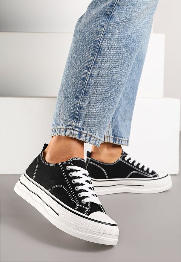 Born2be - Czarne Klasyczne Trampki na Grubej Podeszwie Natileva. Okazja: na co dzień. Kolor: czarny. Materiał: jeans. Szerokość cholewki: normalna. Styl: klasyczny