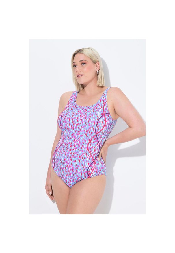 ULLA POPKEN - Damski Strój kąpielowy kropki lamówka bez miękkich miseczek okrągły dekolt. Kolekcja: plus size. Kolor: niebieski. Materiał: poliester, elastan, poliamid, materiał. Wzór: kropki