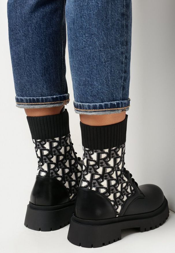 Born2be - Czarne Botki Workery z Elastyczną Cholewką Sznurowane Aegadia. Zapięcie: sznurówki. Kolor: czarny. Materiał: jeans. Szerokość cholewki: normalna. Obcas: na obcasie. Styl: elegancki. Wysokość obcasa: niski