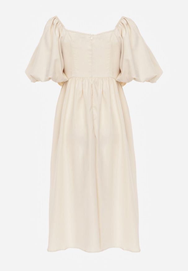 Born2be - Beżowa Rozkloszowana Sukienka Midi z Bufiastymi Rękawami i Kwadratowym Dekoltem Ceania. Okazja: na co dzień. Typ kołnierza: dekolt kwadratowy. Kolor: beżowy. Wzór: gładki. Typ sukienki: proste. Materiał: tkanina. Sezon: lato. Styl: elegancki, casual. Długość: midi