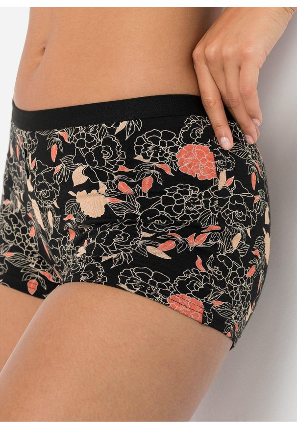 bonprix - Bokserki damskie (4 pary). Kolor: czarny. Wzór: nadruk