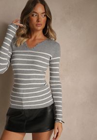 Renee - Szara Bluzka z Bawełną z Motywem Pasków i Guzikami Serisse. Okazja: do pracy, na co dzień, na spotkanie biznesowe. Kolor: szary. Materiał: bawełna. Wzór: paski. Styl: casual, biznesowy #3