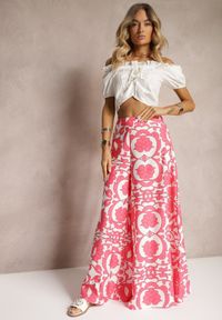 Renee - Różowe Szerokie Spodnie z Wiskozy High Waist z Gumką w Talii o Kwiatowym Wzorze Weranea. Stan: podwyższony. Kolor: różowy. Materiał: wiskoza. Wzór: kwiaty. Sezon: wiosna