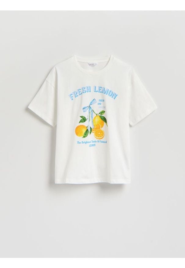 Reserved - T-shirt z nadrukiem - złamana biel. Materiał: bawełna. Wzór: nadruk