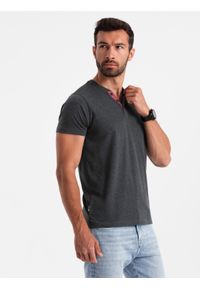 Ombre Clothing - Męski t-shirt z rozpinanym okrągłym dekoltem henley – czarny V4 - Rozmiar: XL. Okazja: na co dzień. Typ kołnierza: typu henley. Kolor: czarny. Materiał: poliester, bawełna. Styl: casual #8