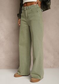 Renee - Ciemnobeżowe Jeansy o Szerokim Kroju z Bawełny High Waist Marquilla. Okazja: na co dzień. Stan: podwyższony. Kolor: beżowy. Długość: długie. Styl: casual #6