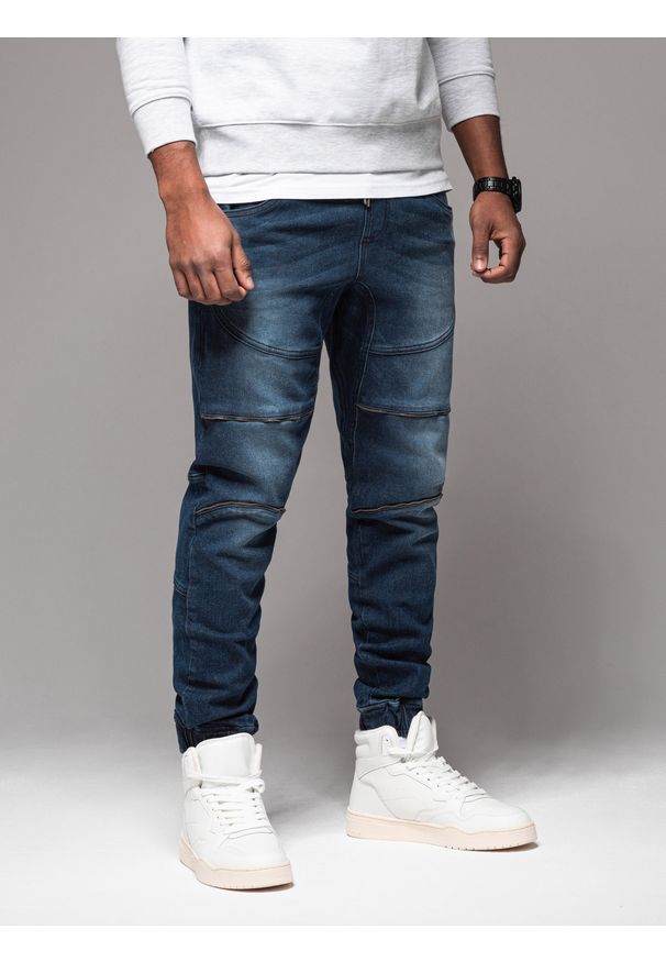 Ombre Clothing - Męskie spodnie jeansowe joggery z przetarciami i zamkami – ciemnoniebieskie V1. Kolor: niebieski. Materiał: jeans. Styl: klasyczny, rockowy, retro
