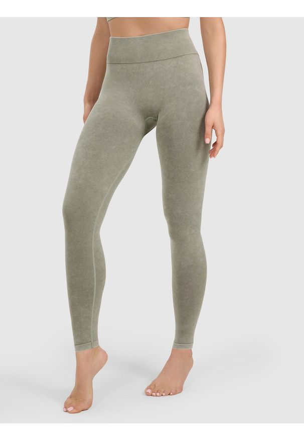 4f - 4F Legginsy do jogi i pilatesu bezszwowe damskie - zielone XS/S. Stan: podwyższony. Kolor: zielony. Materiał: włókno, materiał. Długość: długie. Wzór: ze splotem. Sport: joga i pilates
