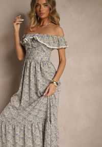Renee - Fioletowa Sukienka z Ozdobnymi Falbankami Folanne. Okazja: na co dzień, na imprezę, na spacer. Typ kołnierza: kołnierz z falbankami. Kolor: fioletowy. Materiał: jeans. Sezon: lato. Typ sukienki: proste. Styl: elegancki, casual