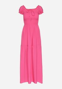 Born2be - Różowa Wiskozowa Sukienka Hiszpanka z Marszczoną Górą Jenanira. Okazja: na co dzień. Typ kołnierza: dekolt hiszpanka. Kolor: różowy. Materiał: wiskoza. Styl: casual, klasyczny #7