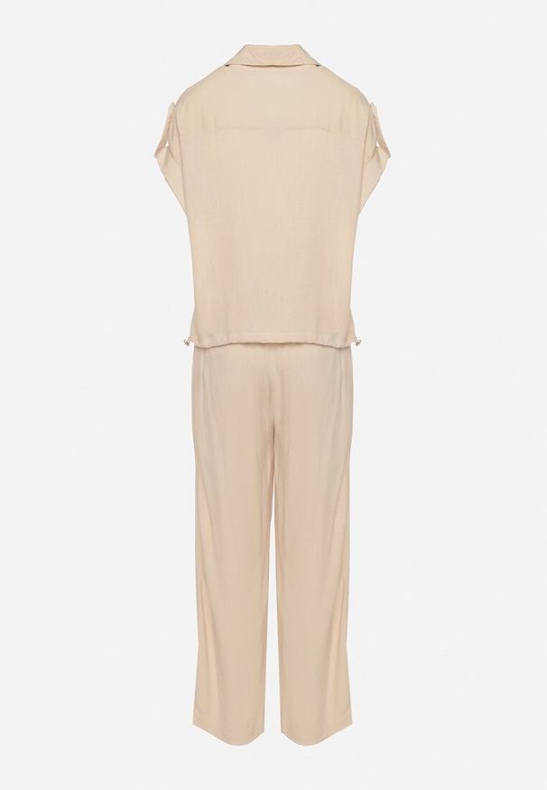 Born2be - Beżowy Wiskozowy Komplet Koszula z Ozdobnymi Kieszeniami i Spodnie Rinesella. Kolor: beżowy. Materiał: wiskoza