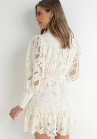 Born2be - Beżowa Sukienka Koronkowa z Falbanką Chloreina. Typ kołnierza: kołnierzyk stójkowy. Kolor: beżowy. Materiał: koronka. Wzór: ażurowy, koronka. Styl: vintage, wizytowy. Długość: mini #5