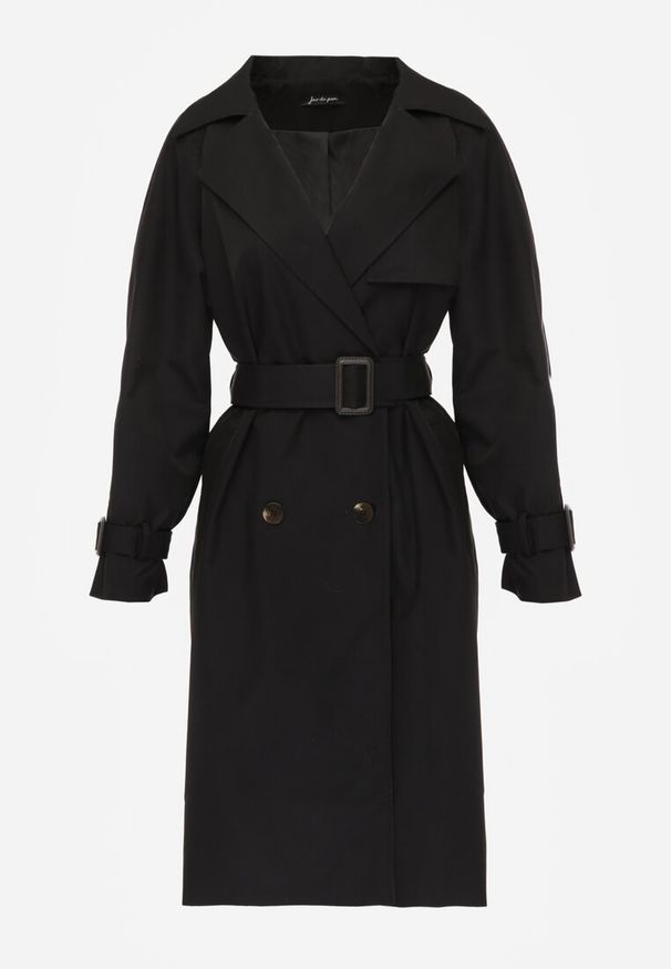 Renee - Czarny Dwurzędowy Płaszcz Trencz z Paskiem Ninnolia. Okazja: na spacer, do pracy. Kolor: czarny. Materiał: jeans. Wzór: aplikacja. Styl: elegancki, klasyczny