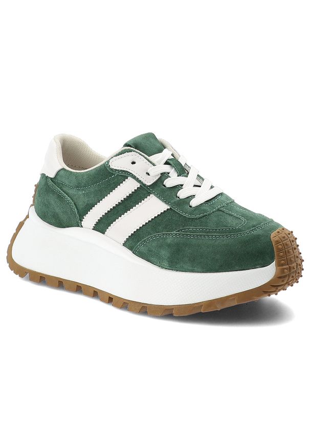 Sneakersy damskie S.Barski, cholewka skóra naturalna zamszowa wiązanie klasyczne kontrastowe paski fason niski zaokrąglony nosek masywna podeszwa spo. Okazja: na co dzień. Zapięcie: pasek. Kolor: zielony. Materiał: zamsz, skóra. Szerokość cholewki: normalna. Wzór: paski. Styl: klasyczny