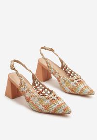 Renee - Pomarańczowe Sandały Czółenka na Słupku w Szpic bez Pięty Adiakka. Okazja: na spotkanie biznesowe. Zapięcie: pasek. Kolor: pomarańczowy. Materiał: jeans. Wzór: kwiaty. Obcas: na słupku. Styl: biznesowy, elegancki. Wysokość obcasa: średni #6