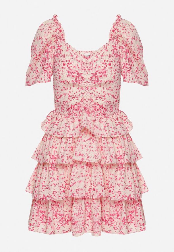 Born2be - Różowa Rozkloszowana Sukienka z Bufkami w Rękawach w Drobny Print z Falbankami Tineria. Okazja: na co dzień. Typ kołnierza: kołnierz z falbankami. Kolor: różowy. Wzór: nadruk. Typ sukienki: proste. Styl: casual