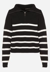 Born2be - Czarno-Biały Golf Sweter Zapinany na Suwak w Paski Sakine. Typ kołnierza: golf. Kolor: czarny. Wzór: paski