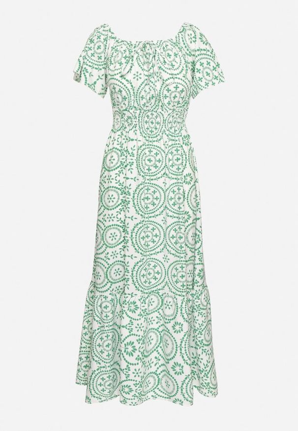 Born2be - Zielono-Biała Rozkloszowana Sukienka z Bawełną i Abstrakcyjnym Wzorem Ldivoria. Okazja: na spacer, na imprezę. Kolor: zielony. Materiał: bawełna. Styl: elegancki