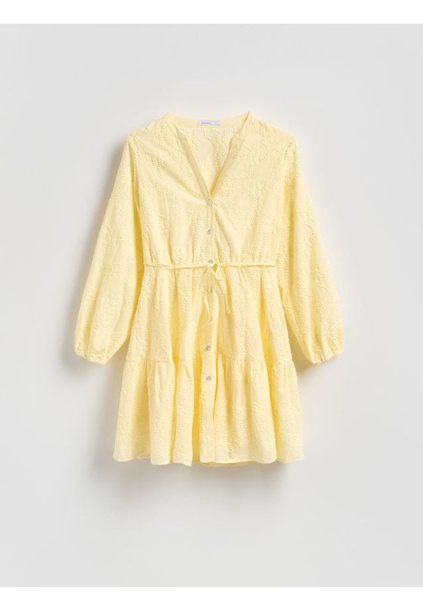 Reserved - Sukienka z haftem - jasnożółty. Kolor: żółty. Materiał: tkanina, bawełna. Wzór: haft