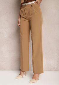 Renee - Jasnobrązowe Spodnie Garniturowe High Waist z Przeszyciami Variola. Stan: podwyższony. Kolor: brązowy. Styl: klasyczny