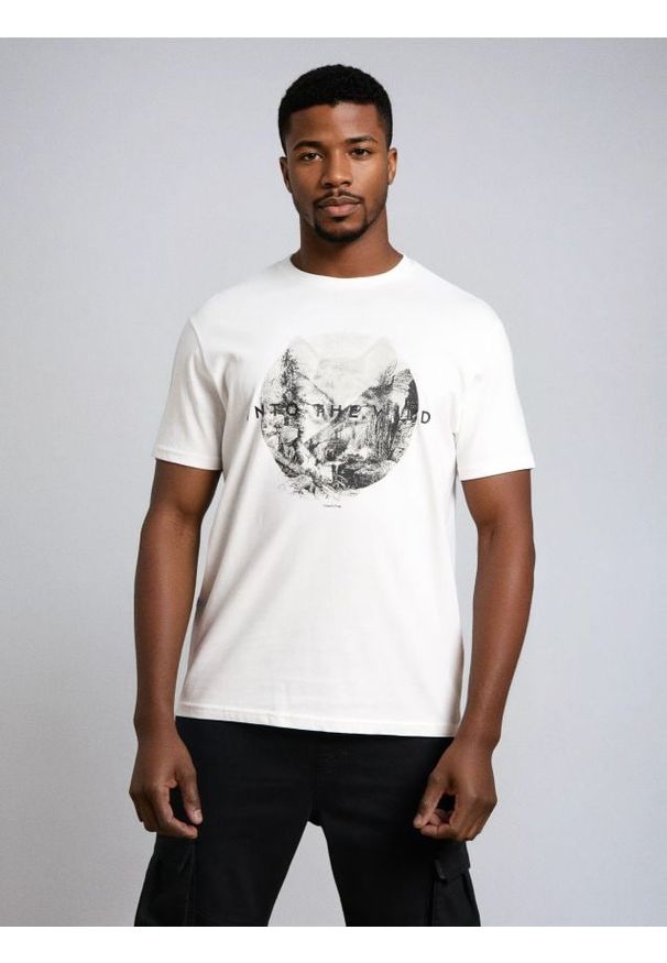 Sinsay - Bawełniana koszulka z nadrukiem - kremowy. Kolor: kremowy. Materiał: bawełna. Wzór: nadruk