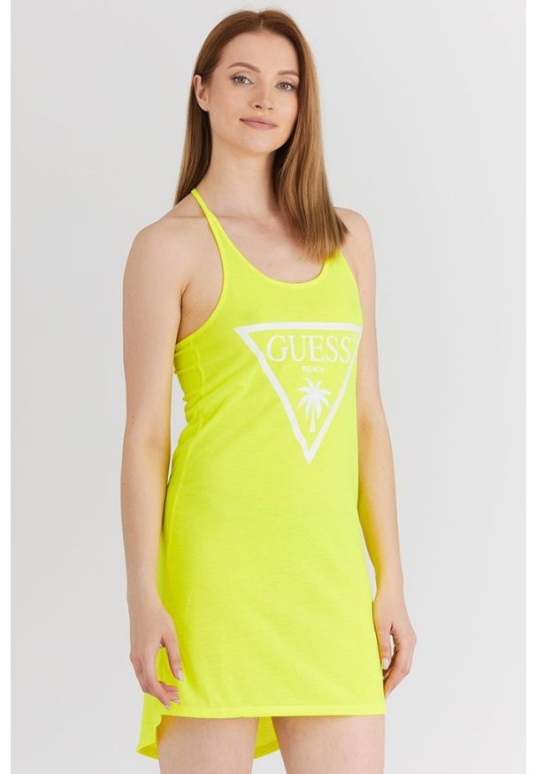 Guess - GUESS Żółta damska neonowa sukienka z trójkątnym logo na ramiączka, Rozmiar XS. Kolor: żółty. Materiał: poliester. Długość rękawa: na ramiączkach. Wzór: nadruk