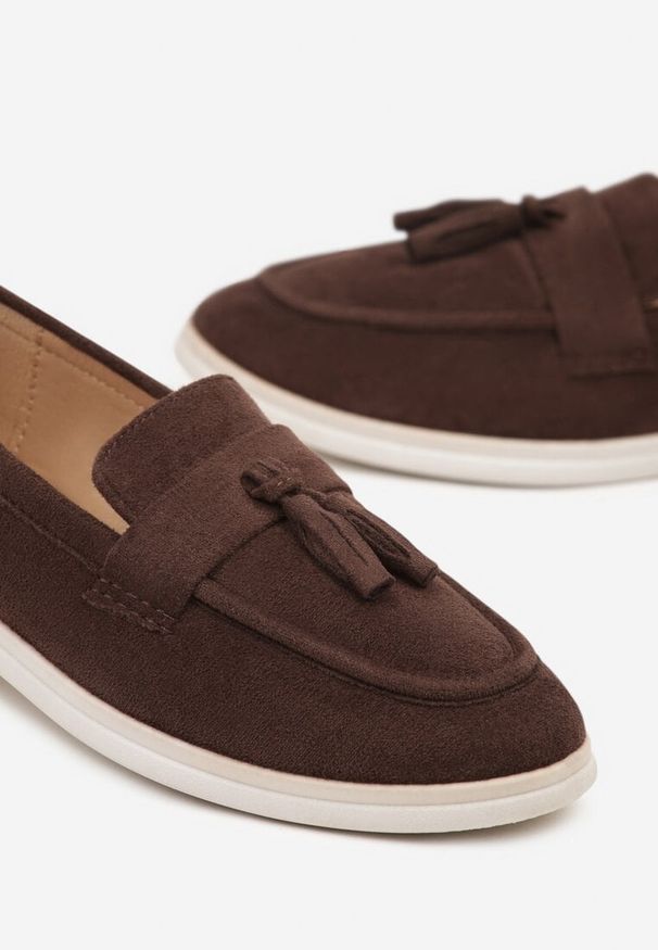 Born2be - Brązowe Mokasyny z Frędzlami z Przodu Melarella. Okazja: na co dzień. Kolor: brązowy. Materiał: jeans. Styl: casual, elegancki