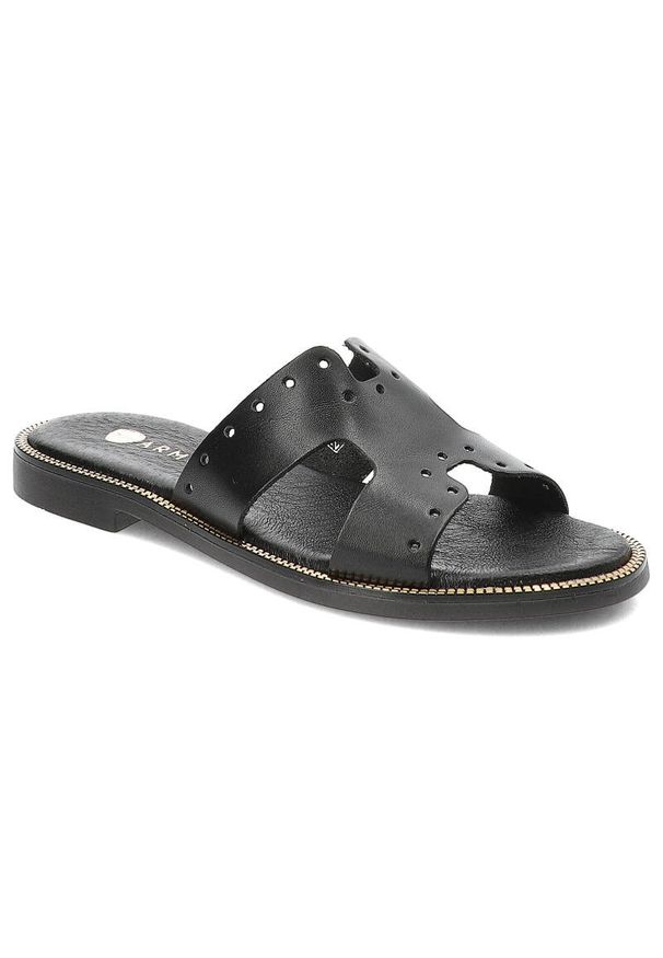 Czarne Klapki Armodo Modne Buty Damskie. Kolor: czarny. Sezon: lato. Obcas: na obcasie. Styl: klasyczny. Wysokość obcasa: niski