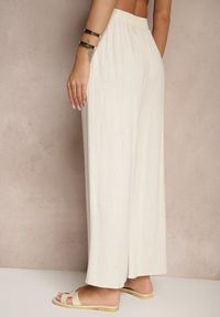 Renee - Beżowe Szerokie Spodnie z Lnem High Waist Sanitria. Okazja: na co dzień. Stan: podwyższony. Kolor: beżowy. Materiał: len. Styl: casual, elegancki