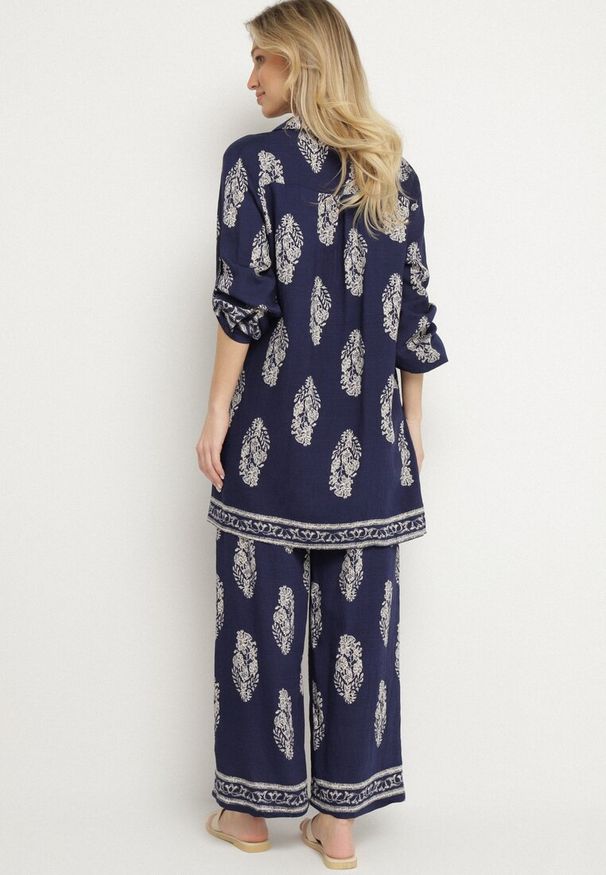 Born2be - Granatowy Komplet w Stylu Boho Oversize Długa Koszula i Luźne Spodnie Meppina. Kolor: niebieski. Materiał: skóra