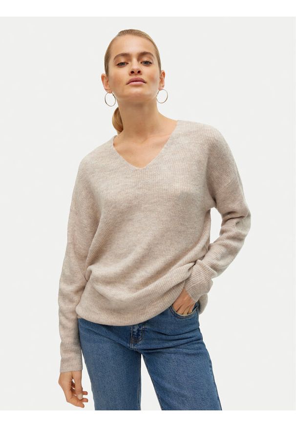 Vero Moda Sweter Crewlefile 10233357 Beżowy Loose Fit. Kolor: beżowy. Materiał: syntetyk